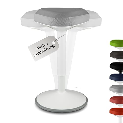 standup.Today Wackelhocker Elmo (Weiß/Hellgrau) – Sitzhocker höhenverstellbar 55-80 cm – Ergonomischer Hocker für Büro & Zuhause – Bürohocker mit Schwingeffekt – Schreibtischhocker von standup