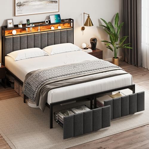 Queensize-Bettgestell mit Stauraum, gepolstertes Bettgestell mit LED-Lichtern, Kopfteil und 2 Schubladen, Ladestation, geräuschfrei, kein Boxspringbett nötig, einfache Montage, Grau von stasado