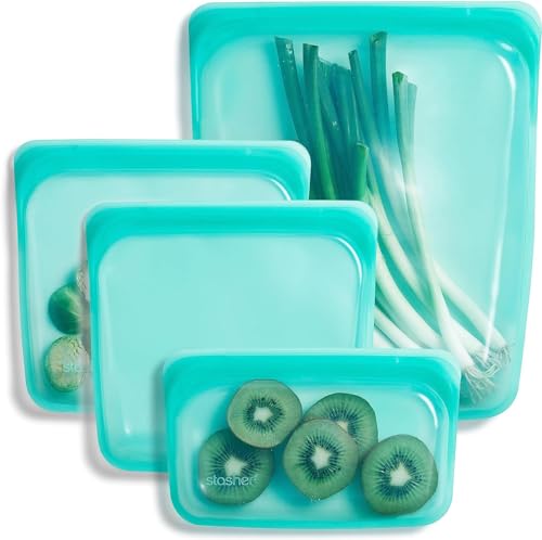 Stasher Wiederverwendbare Silikonbeutel zur Aufbewahrung von Lebensmitteln, Lot de 4, Aqua, Hitze-, Spülmaschinen- & Gefrierfest, Umweltfreundlich, Für Essenszubereitung, 2 x 795ml & 355ml & 1.8L von Stasher