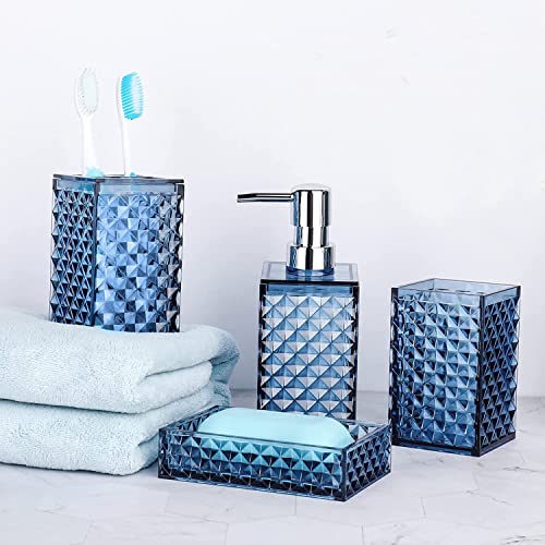 Blaues Badezimmer-Zubehör-Set (4-teilig), multifunktionales Waschtisch-Arbeitsplatte, Kunststoff-Zubehör-Set, Zahnbürstenhalter, inklusive Seifenspender, Seifenschale für Einweihungsgeschenk von stcyutdaa
