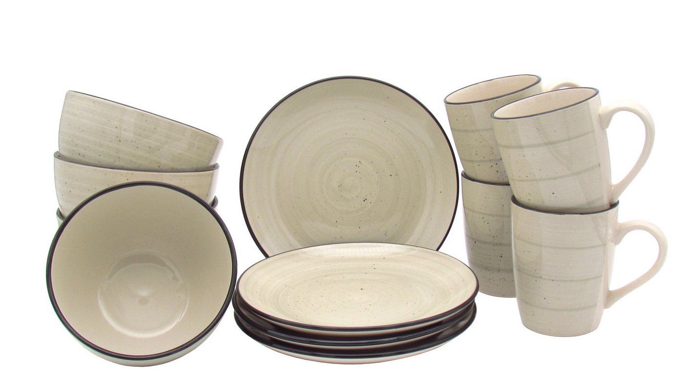 steinwohn Frühstücks-Geschirrset Keramik Frühstücks-Service 12-/18-teilig für 4 oder 6 Personen (12-tlg), Vintage Look, Spülmaschinen- & Mikrowellengeeignet von steinwohn