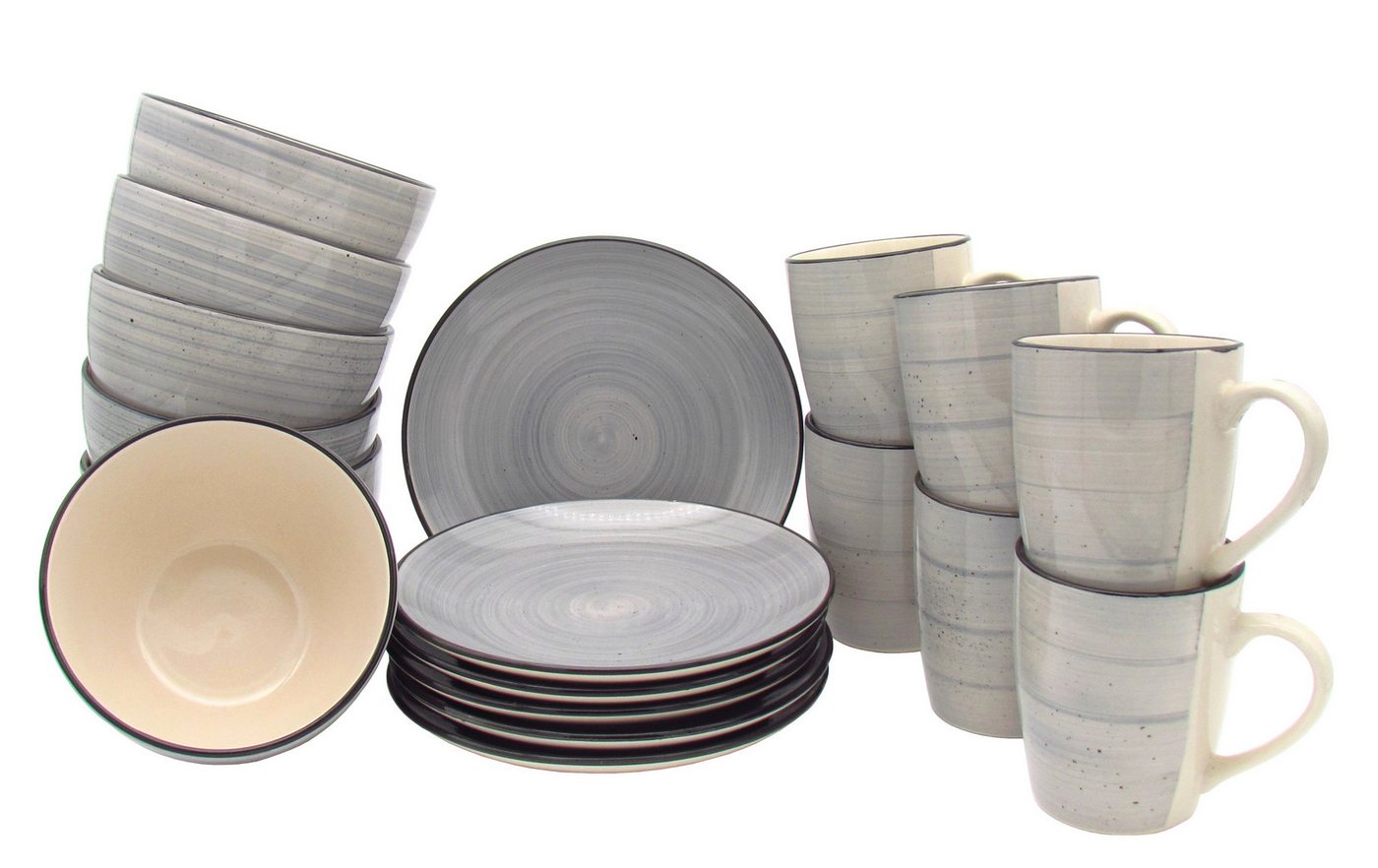 steinwohn Frühstücks-Geschirrset Keramik Frühstücks-Service 12-/18-teilig für 4 oder 6 Personen (18-tlg), Vintage Look, Spülmaschinen- & Mikrowellengeeignet von steinwohn