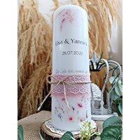 Hochzeitskerze Pastell Mit Altrosa Band, Kerze Naturblumen Schlicht Personalisiert, Zur Hochzeit Naturgräser, Zur von steno82