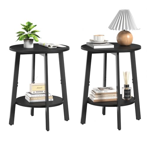 sthmec Beistelltisch 2er Set, Kleiner Runder Beistelltisch mit Ablageregal für kleinen Raum, 2-stöckiger schwarzer Nachttisch Sofa Couchtisch, Nachttische 2er Set Akzenttisch für Wohnzimmer, von sthmec