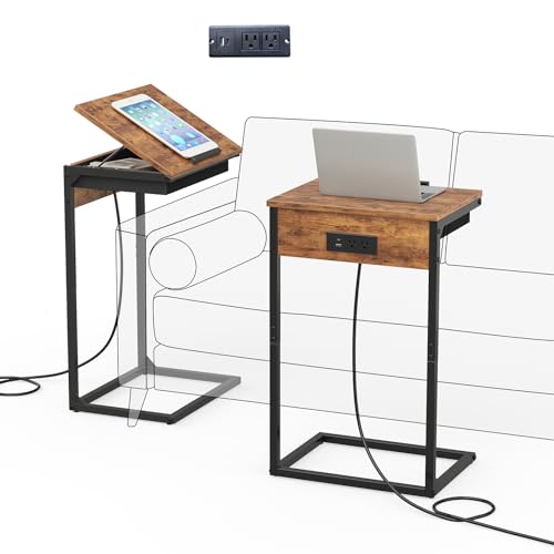 sthmec C-förmiger Beistelltisch mit Ladestation, 45° neigbar, verstellbarer Beistelltisch mit Klappdeckel, kleines C-Tisch-Set 2 für kleine Räume, unter Couch, Sofa, Nachttisch, Wohnzimmer, rustikales von sthmec