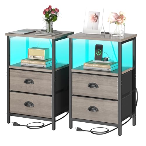 sthmec Nachttisch mit Ladestation, LED-Nachttisch, 2er-Set, Nachttisch mit Schublade, Schlafzimmertische mit 2 Stoffschubladen, 3-stöckiger Aufbewahrungs-Beistelltisch für Schlafzimmer, Grau sthmec Nachttisch mit Ladestation, LED-Nachttisch, 2er-Set, Nachttisch mit Schublade, Schlafzimmertische mit 2 Stoffschubladen, 3-stöckiger Aufbewahrungs-Beistelltisch für Schlafzimmer, Grau von sthmec