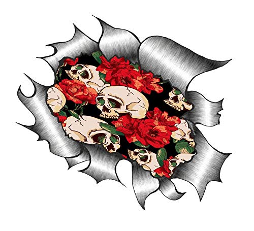 Lizenzierte Große Zerrissen Metall Rip Design mit Tattoo Stil Mexikanischer Totenkopf und Rote Rosen Muster Motiv Externe Auto Aufkleber 205x160mm von sticker licker