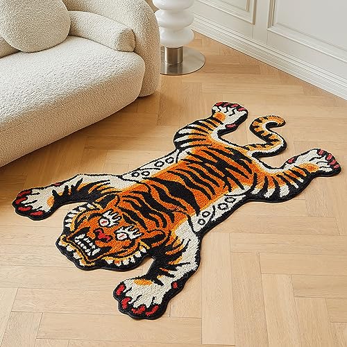 Tibetischer Tiger-Teppich, getuftet, Hochflorteppich, Größe XL, für den Innenbereich, maschinenwaschbar, mit rutschfester TPR-Unterseite, für Schlafzimmer, Badezimmer, Wohnzimmer und Esszimmer, von stitchworn