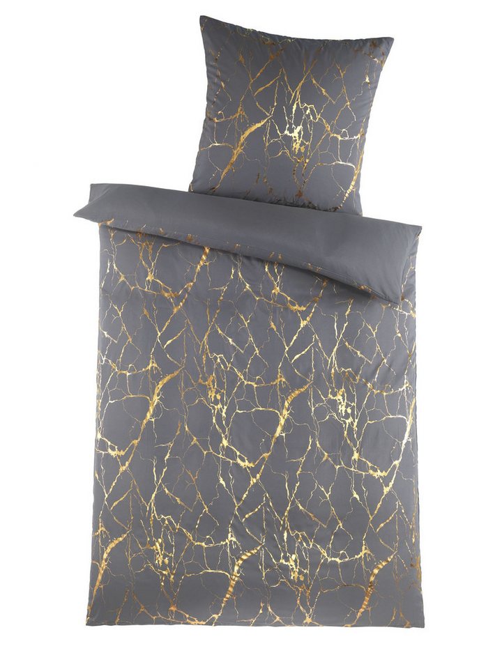stofftraum Bettwäsche Set Mikrofaser 135x200 Design metallic print Marble Gold sturmgrau, Mikrofaser, 2 teilig, Sommer Geschenke Idee Frauen Männer weich sale Reißverschluss Partner von stofftraum
