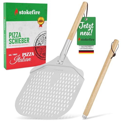STOKEFIRE Pizzaschieber groß | Pizzaschaufel Zubehör für Pizzastein-Premium Pizzaheber auch für XXL Pizzen-Längenveränderbar für Ofen oder Grill von stokefire