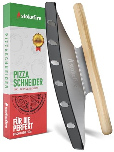 STOKEFIRE Pizzaschneider groß | Großes Wiegemesser für Pizza, Kuchen & Kräuter [MIT KLINGENSCHUTZ] 36 cm Qualitätsklinge, Pizzamesser (Pizzacutter) besser als jeder Pizzaroller von stokefire