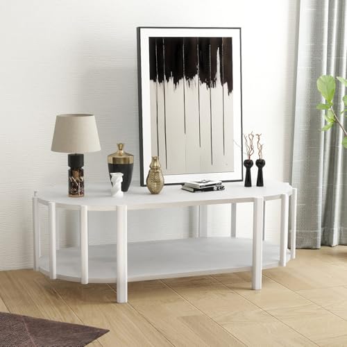 stone princess Halboval Couchtisch mit Staufach: 119x60x40 cm Moderner Wohnzimmertisch aus MDF - Couchtisch mit Ablage Beistelltisch für Büro Wohnzimmer Schlafzimmer (Weiß) von stone princess
