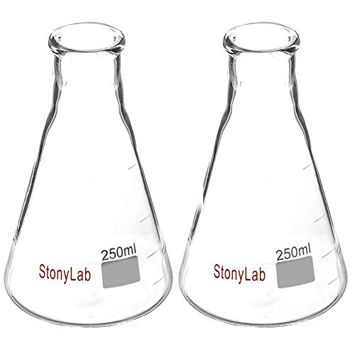 StonyLab 2-Pack Konisch Fläschchen Glas, 250ml Erlenmeyer Flasks Erlenmeyer Fläschchen Enghals-Erlenmeyerkolben mit Hochleistungsrand (250 ml, Passend für StonyLab 6# Gummistopfen) von stonylab