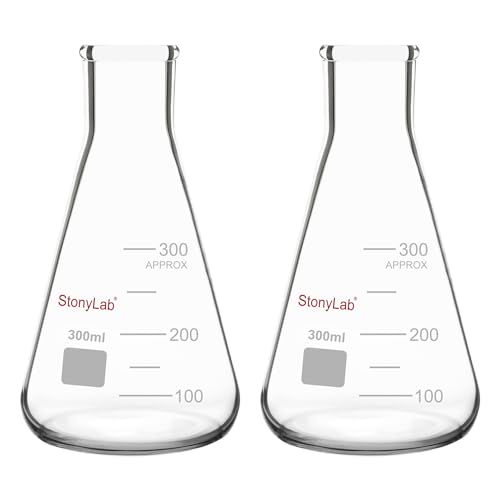 StonyLab 2-Pack Konisch Fläschchen Glas, 300ml Erlenmeyer Flasks Erlenmeyer Fläschchen Enghals-Erlenmeyerkolben mit Hochleistungsrand von stonylab