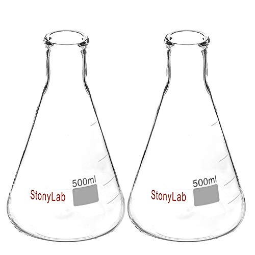 StonyLab 2-Pack Konisch Fläschchen Glas, 500ml Erlenmeyer Flasks Erlenmeyer Fläschchen Enghals-Erlenmeyerkolben mit Hochleistungsrand (500 ml, Passend für StonyLab 7# Gummistopfen) von stonylab