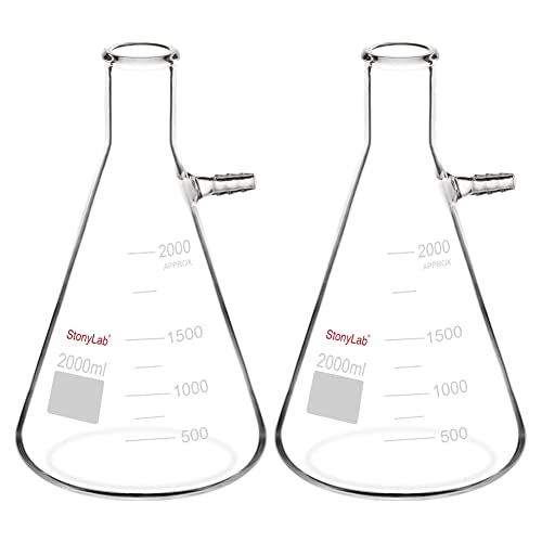 StonyLab 2er-Pack 2000 ml Borosilikatglas-Filterkolben, Glass Filtering Flask, Bolzenhals mit Röhrchen (2000 ml) von stonylab