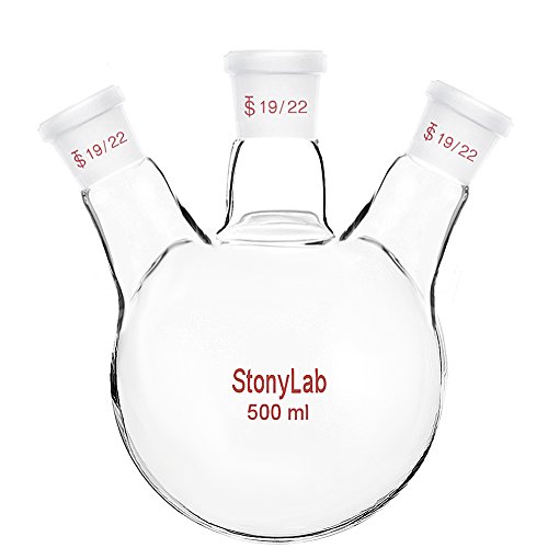 StonyLab 3 Hals Flask Rundkolben, Runde Boden Flask Borosilikat Glas Dreihalskolben Rundkolben RBF mit 19/22 Standard Taper Outer Joint, 3 Neck Round Bottom Flask - 500 ml von stonylab