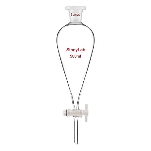 StonyLab Scheidetrichter Glas, Borosilikatglas 500ml Scheidetrichter Heavy Wall Conical Separatory Funnel Trichter mit Glas Absperrhahn 24/29 Gelenk und PTFE-Absperrhahn - 500ml von stonylab