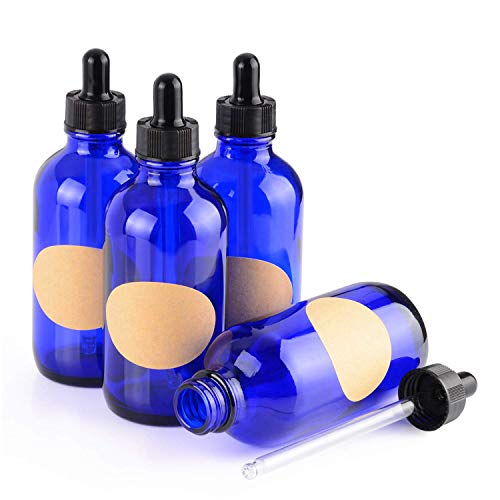 stonylab 120 ml (4 oz) 4er-Pack Glas Tropfflasche, Blau Leere Glasflasche mit Kegelförmigem Glastropfer, Innenstöpsel und Etikett für Ätherische Öle, Aromatherapie-Düfte von stonylab