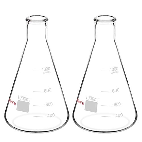 stonylab 2-Pack Konisch Fläschchen Glas, 1000ml Erlenmeyer Flasks Erlenmeyer Fläschchen Enghals-Erlenmeyerkolben mit Hochleistungsrand von stonylab