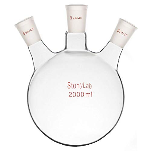 StonyLab 2000ml 3 Neck Round Bottom Flask, Borosilikat Glas Dreihalskolben Flask Rundkolben RBF mit 24/40 Standard Taper Outer Joint, Glass 3-Hals Round Bottom Flask RBF - 2000ml von stonylab