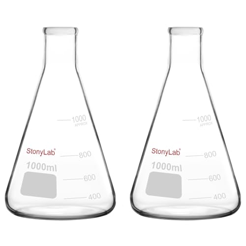 stonylab Erlenmeyerkolben, 2er Pack 1000 ml Schmalhals Schwerwandiges Borosilikatglas Erlenmeyerkolben Labor Glaswaren von stonylab