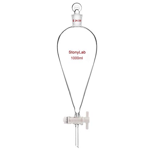 stonylab Glas Absperrhahn Scheidetrichter 1L, Separatory Funnel in Borosilikatglas Schwerwandig Konisch Birnenform Labor Trichter Mit 24/29 Gelenk von stonylab