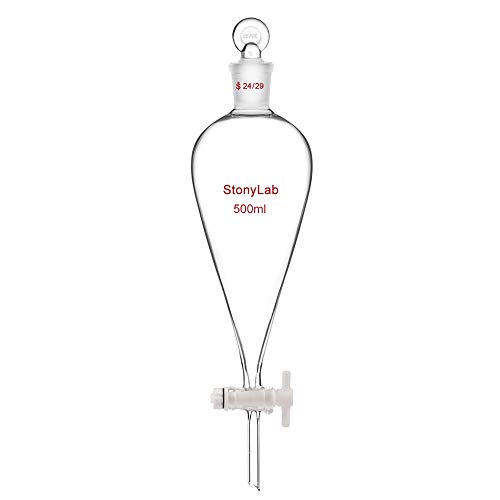 stonylab Glas Absperrhahn Scheidetrichter 500ml, Separatory Funnel in Borosilikatglas Schwerwandig Konisch Birnenform Labor Trichter Mit 24/29 Gelenk von stonylab