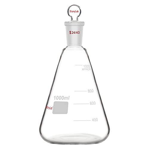 stonylab Glas Erlenmeyer Flasche mit Stopper, 1000 ml Borosilikatglas Schwere Mauer Kolben mit 24/40 Standard Kegel Außenfuge und Glasstopper von stonylab