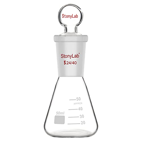 stonylab Glas Erlenmeyer Flasche mit Stopper, 50 ml Borosilikatglas Schwere Mauer Kolben mit 24/40 Standard Kegel Außenfuge und Glasstopper von stonylab