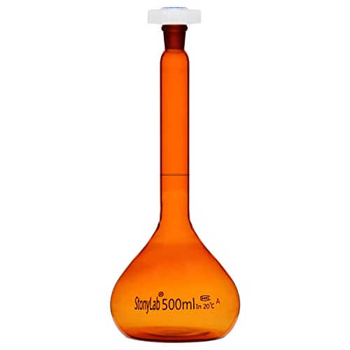 stonylab Messkolben Glas, Klasse A Braun Messkolben mit Glasstopfen Borosilikatglas Schwere Wand Bernstein Messkolben Volumetric Flask, Toleranz ±0,25 ml - 500 ml von stonylab