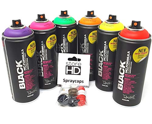 Montana Black Infra Sprühdosen Set Neon Farben + Ersatzsprühköpfe - 6 x 400ml Montana Black Infra Sprühdosen Set Neon Farben + Ersatzsprühköpfe - 6 x 400ml von store HD