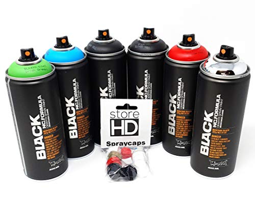 Montana Black Sprühdosen Set, 6 Basis-Farben + 10 Ersatzsprühköpfe - 6 x 400ml von store HD