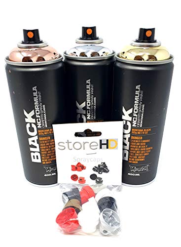 Montana Black Sprühdosen Set, Gold + Silber + Copper Chrom-Farben + 10 Ersatzsprühköpfe - 3 x 400ml Montana Black Sprühdosen Set, Gold + Silber + Copper Chrom-Farben + 10 Ersatzsprühköpfe - 3 x 400ml von store HD
