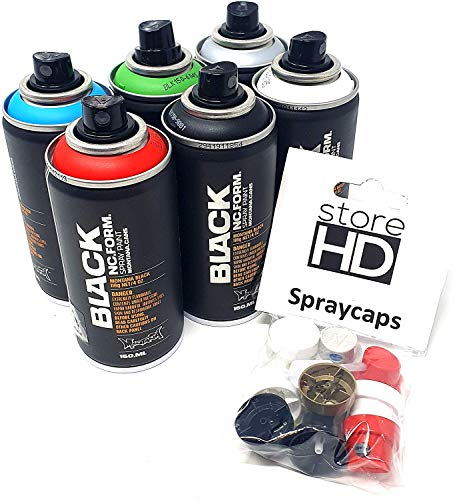 Montana Black Sprühdosen Set, Pocket Cans in 6 Farben + 10 Ersatzsprühköpfe - 6 x 150ml von store HD