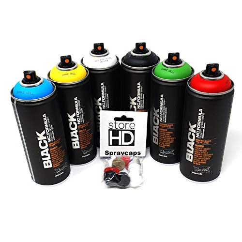 Montana Black Sprühdosen Set Grundfarben + Ersatzsprühköpfe - Graffiti Street Art 6 x 400 ml von store HD