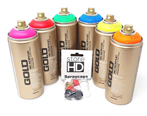 Montana Gold Sprühdosen Set, 6 Neon Farben + 10 Ersatzsprühköpfe - 6 x 400ml von store HD