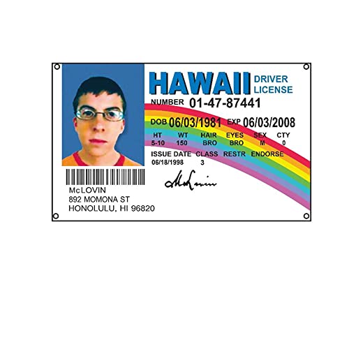 Stormflag McLovin ID HAWALL Führerschein Flagge 90x150cm McLovin ID Flagge Personalisierte lustige Flaggen 3x5ft Polyester 90g mit Ösen mit Doppelnadel genäht. von stormflag