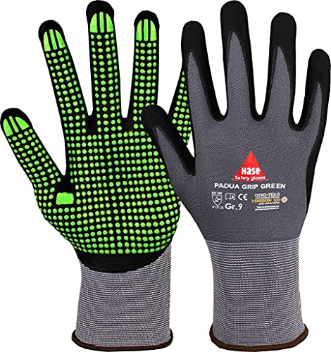 strongAnt 10 PAAR - PADUA GRIP Montagehandschuh aus Nylonfeinstrick mit Nitrilschaum Beschichtung und Nitrilbenoppung an Handinnenfläche und Fingerkuppen - Grau/Grün- Größe: 8 von strongAnt