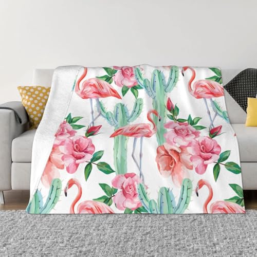 sttung Ultraweiche, gemütliche Micro-Fleece-Überwurfdecke mit Kaktus-Flamingo-Rosen-Motiv, für alle Jahreszeiten, warm, für Bettwäsche, Sofa, Reisen von sttung