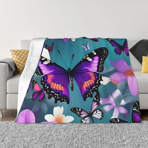 sttung Violetter Schmetterlings- und Blumendruck, ultraweich, gemütlich, Mikro-Fleece-Überwurf, Decke, für alle Jahreszeiten, warm, für Bettwäsche, Sofa, Reisen von sttung