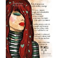 Widder Kunstdruck Customizable Astrologie März Geburtstag April Rot Teal Feuerzeichen Original Illustration Art Print Hand Signiert Größe 8 X 10 von studio3ten