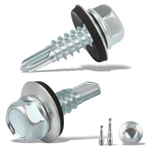 sturiz 100 Stück Blechschrauben Selbstschneidende Schrauben 4.8 x16MM Trapezblechschrauben Spenglerschrauben mit Dichtscheibe+2 Stk Sechskant Bit Steckschlusselsatz M8 Verzinkt Bohrschrauben (Silber) von sturiz