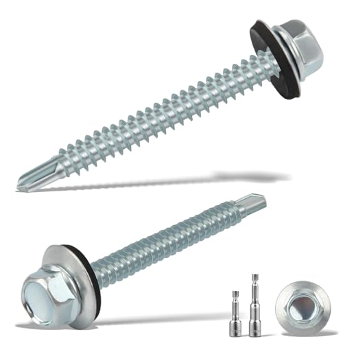 sturiz 45 Stück Blechschrauben Selbstschneidende Schrauben 5.5 x50MM Trapezblechschrauben Spenglerschrauben mit Dichtscheibe+2 Stk Sechskant Bit Steckschlusselsatz M8 Verzinkt Bohrschrauben (Silber) von sturiz
