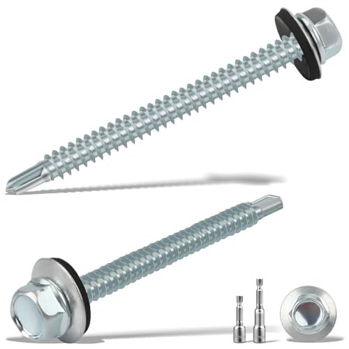 sturiz 50 Stück Blechschrauben Selbstschneidende Schrauben 4.8 x55MM Trapezblechschrauben Spenglerschrauben mit Dichtscheibe+2 Stk Sechskant Bit Steckschlusselsatz M8 Verzinkt Bohrschrauben (Silber) von sturiz