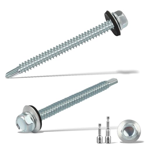 sturiz 50 Stück Blechschrauben Selbstschneidende Schrauben 6.3 x75MM Trapezblechschrauben Spenglerschrauben mit Dichtscheibe+2 Stk Sechskant Bit Steckschlusselsatz M10 Verzinkt Bohrschrauben (Silber) von sturiz