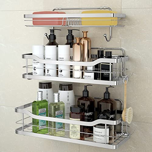 stusgo Duschkorb ohne Bohren, Duschkörbe Selbstklebend, Dusch Organizer mit 4 Haken, Rostfrei Shampoo Halterung für Badezimmer, SUS304 Edelstahl Shower Caddy, 3 Stück von stusgo