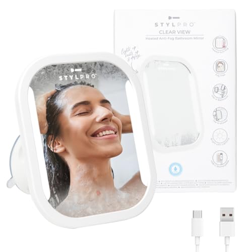 STYLPRO Anti-Beschlag-Spiegel: Beheizt, mit LED-Beleuchtung und Abstreifer. Macht Rasieren und Waschen in der Dusche einfach. Wasserfest, wiederaufladbar, Elegantes Design von StylPro