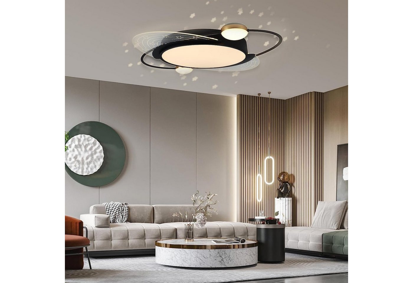 style home Deckenleuchte LED Deckenlampe, 72W, mit Sternen-Deko, Saturn Design, dimmbar mit Fernbedienung, Kronleuchter für Wohnzimmer Schlafzimmer Kinderzimmer Büro, 50*50*8cm von style home