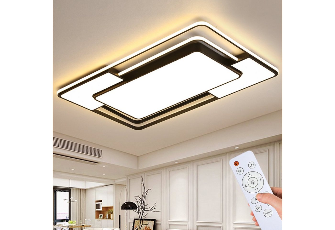 style home Deckenleuchte LED Deckenlampe dimmbar mit Fernbedienung, 150W, Warmweiß bis Kaltweiß 3000K-6000K, 90*60*6cm,Schwarz für Wohnzimmer Esszimmer Küche Büro von style home